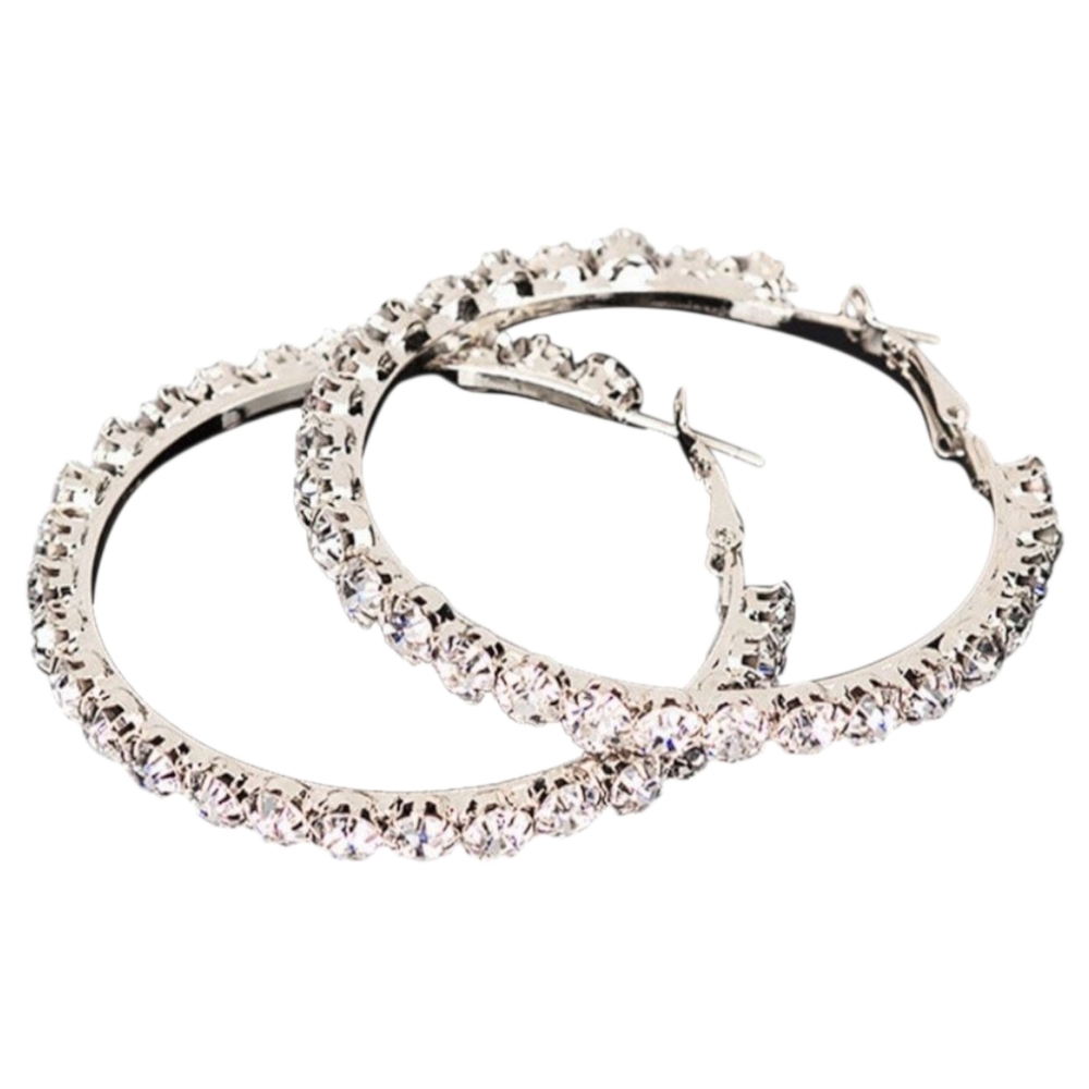 •Elegant Large Silver Crystal Rhinestone Hoop Earrings